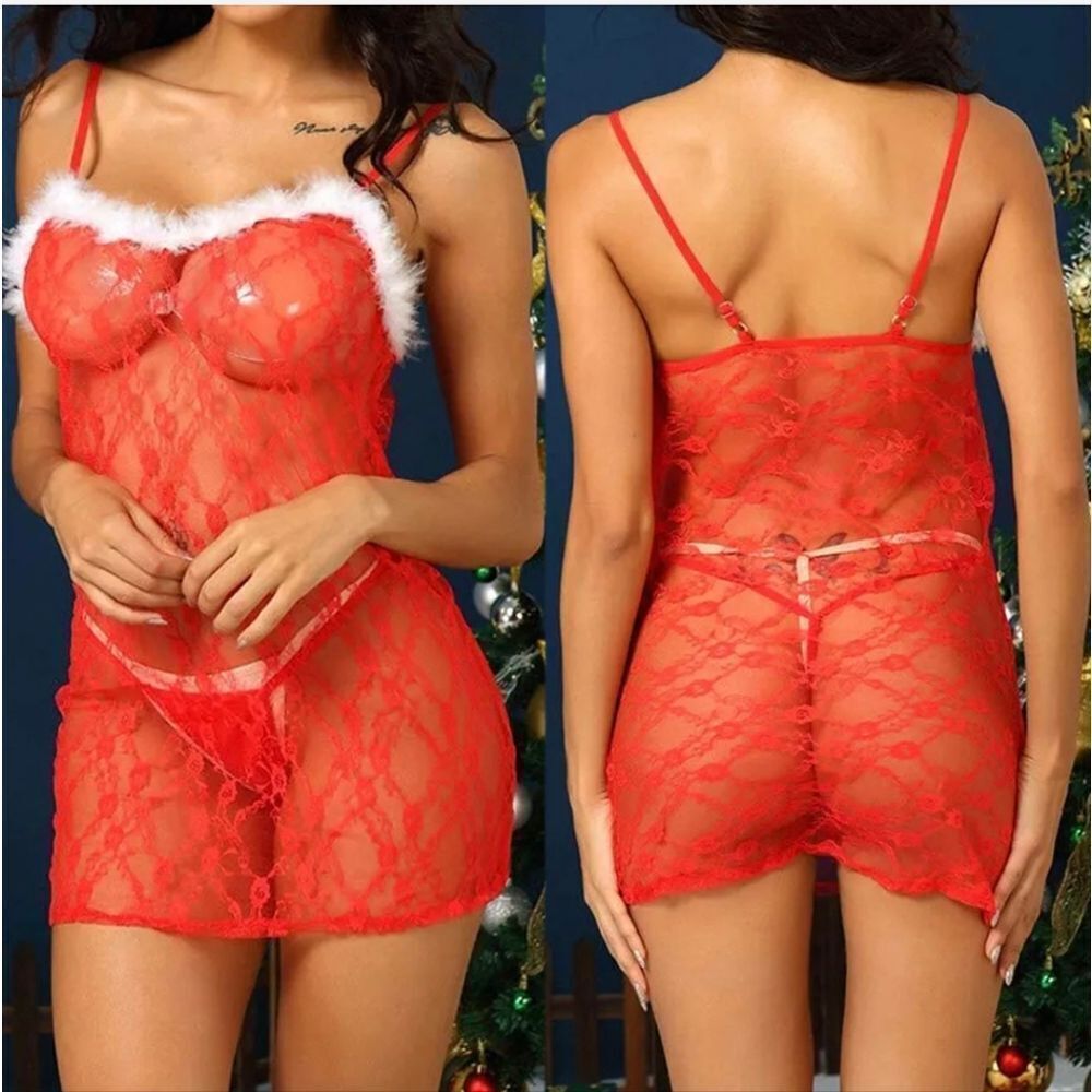Sheer Lace Babydoll Christmas Lingerie for Women Santa Chemise Sleppshirt Dress